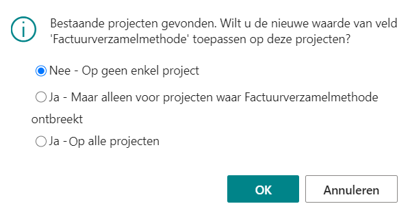 Melding bij wijzigen veld 'Factuurverzamelmethode uren' als er al projecten voor deze klant zijn
