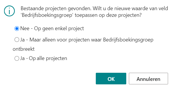 Melding bij wijzigen veld Bedrijfsboekingsgroep