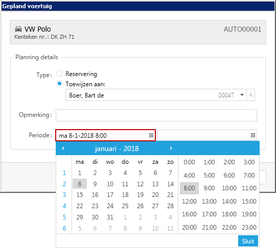 Pagina Gepland voertuig, datum selecteren via de kalender