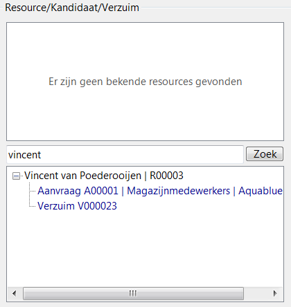 Zoekopdracht met zoekresultaat in het kader Resource/Kandidaat