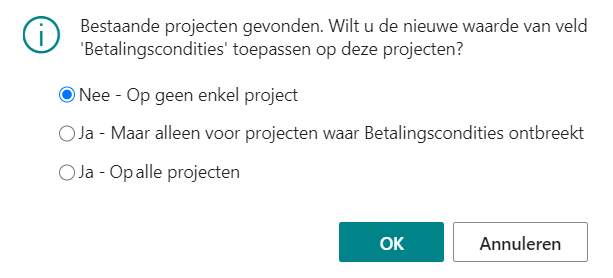 Melding bij wijzigen veld Betalingscondities