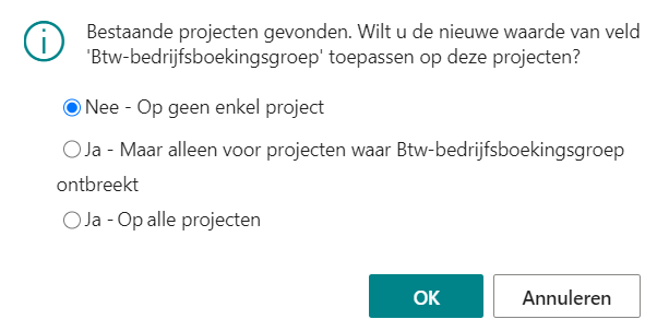 Melding bij wijzigen veld Bedrijfsboekingsgroep