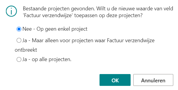 Melding bij wijzigen veld 'Factuur verzendwijze' als er al projecten voor deze klant zijn