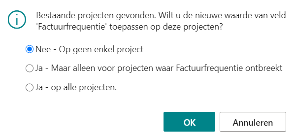 Melding bij wijzigen veld Factuurfrequentie