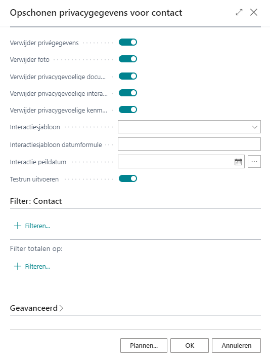 Pagina/rapport Opschonen privacygevoelige gegevens