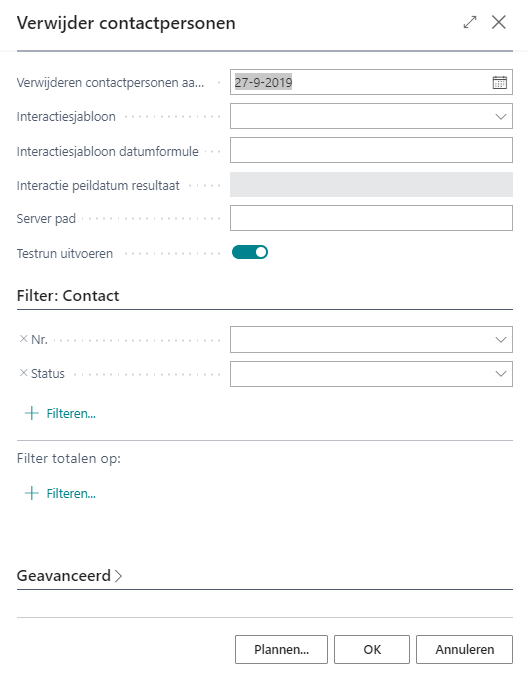 Pagina/rapport Verwijderen contactpersonen