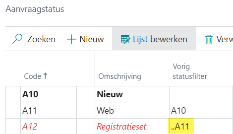Voorbeeld Vorig statusfilter: meerdere statussen tot en met een bepaalde status met ..