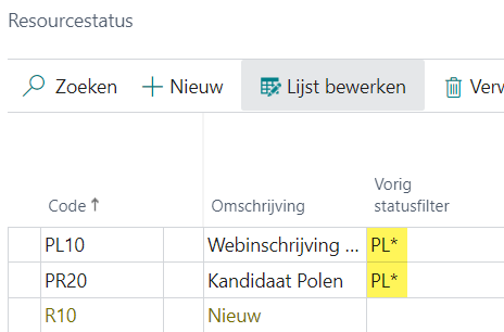 Voorbeeld Vorig statusfilter: begincode gevolgd door *