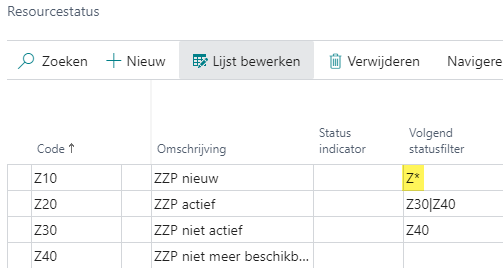 Voorbeeld Volgend statusfilter: begincode gevolgd door *