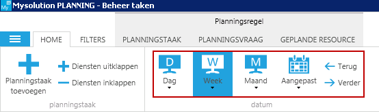 Iconen in tab Home, groep Datum